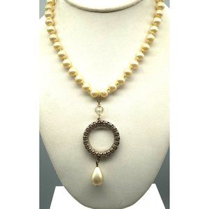 Vintage Marvella Knotted Pearl Strand Choker Necklace with Filigree Ring Pendant